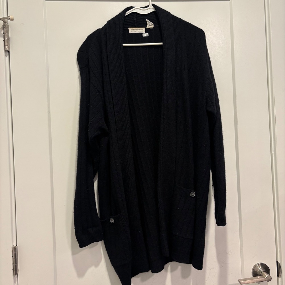 Liz Claiborne Collection Black Lambswool Angora Ribbed Open Front Cardigan M